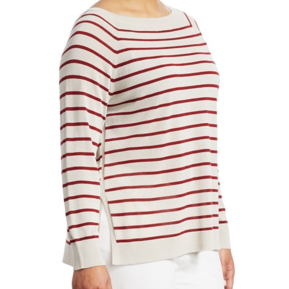 NWT Lafayette 148 Stripe Raglan Split Hem Oversized Crewneck Pullover Sweater